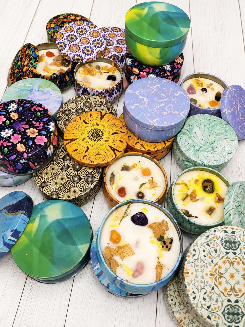 4 Soy Scented Tin Candles With Natural Stones Amethyst Quartz Tiger Eye Agates - Picture 7 of 11